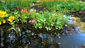 Vibrant flowers and plants burst through the murky waters proving that life can thrive even in the moist and muddy swamp.