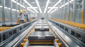 Automated production line robot arms transporting automotive battery modules onto conveyor belt. Electric car battery pack manufacturing process