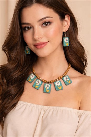 Handcrafted Floral Clay Necklace Set With Wooden Beads – Artisan Statement Jewelry - Etsy