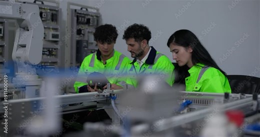 Robotic engineer in safety gear operates a control panel in an industrial setting, highlighting the integration of robotics and human expertise in modern manufacturing facility.