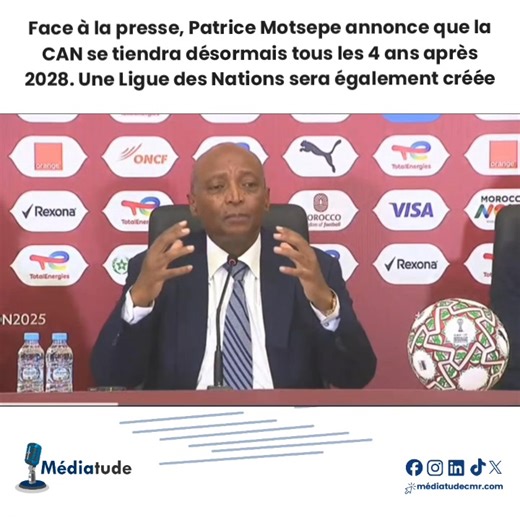 🔴[FACE A LA PRESSE] Patrice Motsepe, président de la CAF, a annoncé ce samedi en conférence de presse, que la CAN se tiendra désormais tous les 4 ans à partir de 2028. Il a également annoncé qu'une Ligue des Nations africaine verra également le jour. Médiatude a sélectionné ces extraits pour vous #AFCON #4years #LeagueOfNations #Everyfouryearsfrom2028 #Médiatude | Médiatude