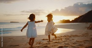 Cute young girls playing on the beach at sunset, family lifestyle
