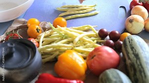 Freshly cut yellow string beans. Cutting vegetables for stew. Cooking fresh vegetables.