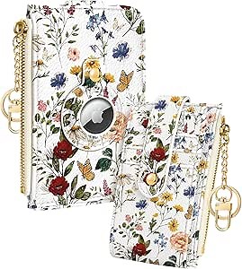 Cute Card Wallet Women with AirTag Holder - Retro Floral Genuine Leather Small Wallets with Keychain RFID Credit Cardholder Air Tag Aesthetic Coin Purse for Female Ladies Teen Girls