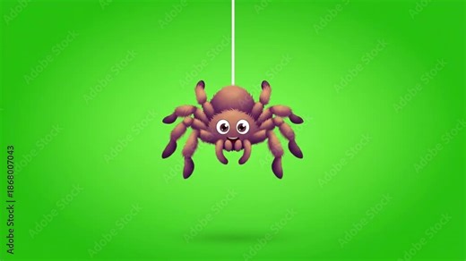 A friendly cartoon spider with big eyes, hanging from a thin white string on a vibrant green screen.
