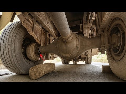 A small roadside mechanic repairs a broken axle and wheel housing of a truck 