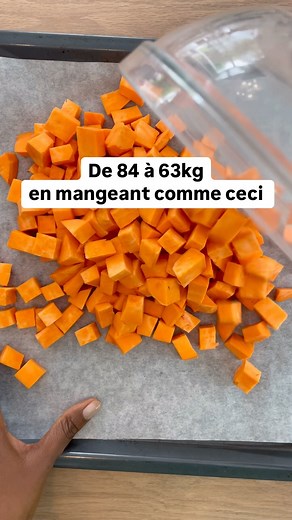 Ce soir on part sur une recette que j'adore et que je mangeais très souvent durant ma perte de poids. Elle est hyper simple à composer et vraiment délicieuse. Ici j'ai mis: (pour 2-3 portions) - 1 grosse patate douce épluchée et découpée en petits cubes - une boite de pois chiches égouttés et rincés - une poelée de poivrons (la quantité de ton choix) - 200g de saumon découpé en cubes et marinés avec de la sauce soja - 2 càs d'huile d'olive - poivre, sel et/ou paprika Tu enfournes la patate douce