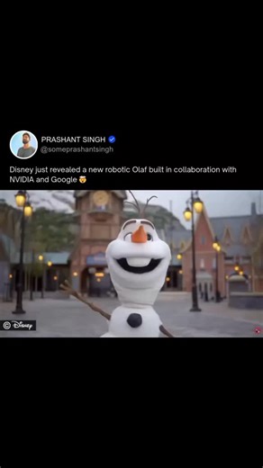 Prashant Singh on Instagram: "❄️🤖 Disney Just Changed the Game! Say hello to the next generation Olaf — a fully interactive robotic character built with NVIDIA and Google. This adorable snowman walks, talks, blinks, reacts, and even removes his carrot nose just like in Frozen. Using reinforcement learning, Disney has matched every movement to Olaf’s on-screen personality, from tiny head tilts to expressive eyes and soft, snow-like textures. This marks a huge leap in Disney’s AI-powered characte