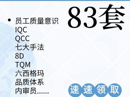 质量行业必备的超全培训资料包：内含#员工质量意识 、#IQC 、#QCC 、#七大手法 、#8D 、#TQM 、#六西格玛 、#内审员 等等，PPT均可编辑，自学培训都是妥妥干货#大数据推荐给有需要的人 #知识分享 #质量行业