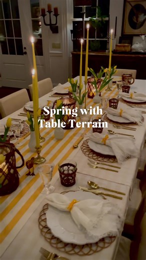 Don’t fret, it’s easy to set a table with white dishes and linens. Add in our striped yellow runner, yellow tapers and some velvet ribbon with yellow tulips or daffodils from the grocery. Setup is simple and quick. You’ve got this! PS. Items in stock and ready to ship. #tableterrain #springdecor #tablescapestyling