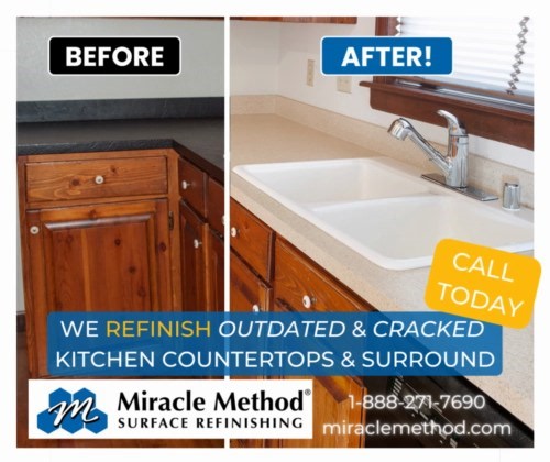 Countertop refinishing is a process of repairing and restoring an existing kitchen counter to extend its functional life, without replacement! Call today at 1-888-271-7690 for your free estimate! | Miracle Method Surface Refinishing | Facebook