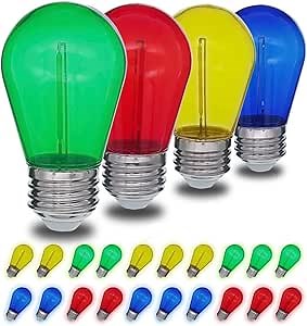 Jslinter Colored String LED Light Bulbs - 1 watt Plastic Outdoor Indoor S14 Bulbs for Christmas String Light Replacement - Shatterproof - E26 Base - 24Pack - Red/Blue/Yellow/Green