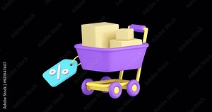 Shopping sale discount purchase price reduction 3d icon animation with alpha channel. Shop store clearance supermarket market trolley with cardboard box and percentage tag Stock Video