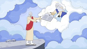 God giving Moses ten commandments 2D cartoon animation. Biblical law. Old testament. Hebrew prophet receiving stone tablets animated flat bible characters 4K background scene