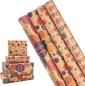 Viadom Birthday Kraft Wrapping Paper Vintage Style Paper Perfect for Men Women Brown Kraft Paper with Colorful Text Pattern for Birthday Holiday Wrap - 4 Rolls 17 inch X 120 inch (10feet) Per Roll