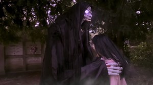 Haunted Hill Farm Soul Sucker Demon Reaper with Child by Tekky, Motion-Activated Talking Halloween Animatronic for Creepy Indoor or Covered Outdoor Halloween Decorations, Plug-in or Battery Operated