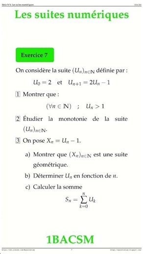 Exercice 7 Les suites numeriques 1BACSM Maths space2study M1BSMS4v16 #maths