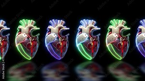 3d Heart Beat Animation With Neon Effects. Heart Beat Pulse Animation Ecg,ekg. Heart Pulse Fast Moving. Animation Of Human Heart On Black Background. Medical Science Robotic 3d Heart Animation