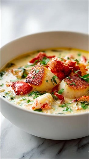 Creamy Seafood Chowder with scallops and lobster, irrésistible! 😋🍽 Ingredients: - 8 large sea scallops, patted dry - 1 tablespoon olive oil - 0.75 teaspoon salt - 0.5 teaspoon black pepper - 2 tablespoons butter - 4 slices turkey bacon, finely chopped - 0.5 cup chopped onion - 0.5 cup diced celery - 0.5 cup diced potato - 2 cloves garlic, minced - 2 cups seafood stock - 1 cup heavy cream (or 1 cup kefir blended smooth as a probiotic alternative) - 1 cup cooked lobster meat, chopped - 0.5 teasp