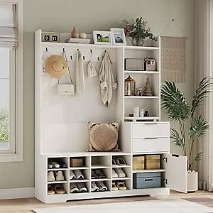 5-in-1 Hall Tree With Bench and Shoe Storage for Entryway, Farmhouse Coat Rack With 12 Cubbies & 9 Hooks, Cabinet With Drawer for Hallway (White)