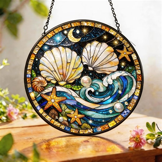 Ocean Wave Stained Glass Suncatcher, Round Sea Shell Window Decor, Coastal Nature Glass Art, Handmade Glass Hanging - Etsy