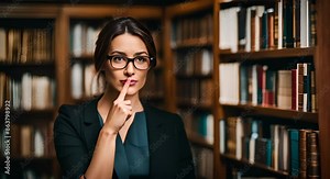 Librarian woman asking for silence in the library.