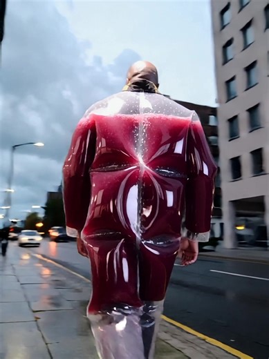 Cranberry Juice Jacket Variant [Cinematic viral video in vertical mobile format. Creative DIY demonstration: transparent plastic jacket with quilted chambers being filled with cranberry juice via funnel in clean modern kitchen. High detail on liquid physics - deep red liquid flowing, foam forming, bubbles rising. Person wearing black fitted shirt presents filled jacket to camera with confident smile. Scene transitions to urban street under overcast sky. Person walks down sidewalk wearing the liq