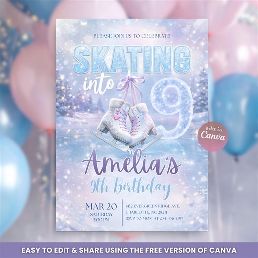 Ice Skating Birthday Invitation, Skating Into 9 Party Invite, Glitter Girl Ice Skate Birthday, Editable Canva Template, Printable Download - Etsy