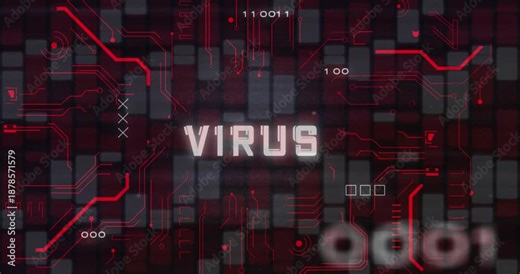 Animation of virus text, circuit board texture, binary codes over red and white bars in background