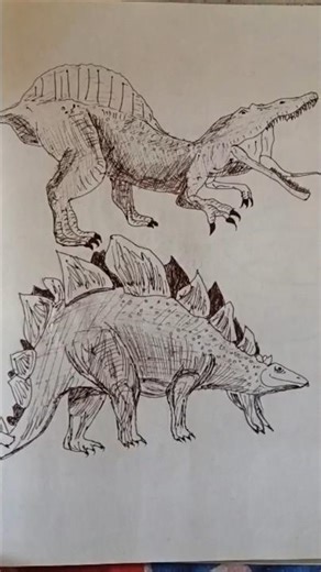 From Ink to Jurassic: Pen Sketching a Spinosaurus & Stegosaurus #shorts #shortsfeed #drawing #sketch