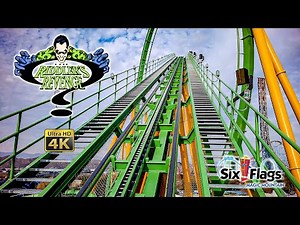 2022 The Riddler's Revenge Stand Up Roller Coaster OnRide Front Seat 4k POV Six Flags Magic Mountain