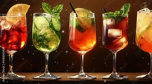 Row of glasses filled with different types of fruit drinks. lemonades and cocktails. Suitable for beverage concept