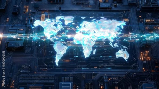 A detailed view of a digital map displaying various parts of the world on a computer interface with active connections