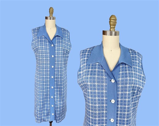 Vintage VOLUP 1970s Blue Dress - Tank Plaid Window Pain Waist: 38"-44" - Etsy