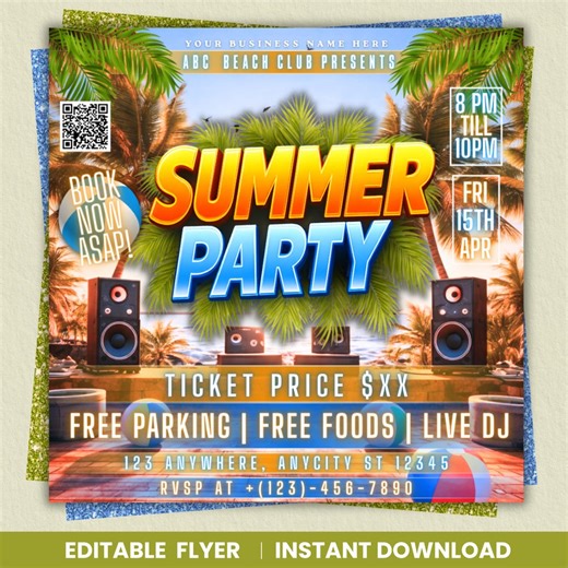 Summer Party Flyer, Pool Party Invite, Summer Event Flyer, DIY Canva Template, Editable Instagram Post, Instant Download - Etsy