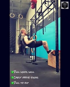 | Muscle Up Frustration | . Frustrated with your muscle up and not sure why? This demo may help you visualize the amount of strength needed in your pull AND more efficient positions. . The first 2 reps of the first video show in half time: ❌ Overly aggressive hip drive, pulling the rings into the chest which drives the chest up and the shoulders DOWN This does not allow for a transition over the rings. . The second 2 reps show in half time: ✅Tight hip drive, maintaining hollow body pulling the r