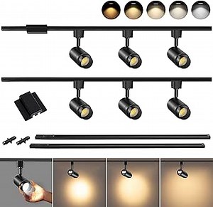 5 Color Zoomable 6-Light LED Track Lighting Kit with 6.6FT H Track Lighting Rail & Floating Canopy Connector, Modern Kitchen Track Lighting Fixtures Ceiling Spotlight, 12W Track Heads Black