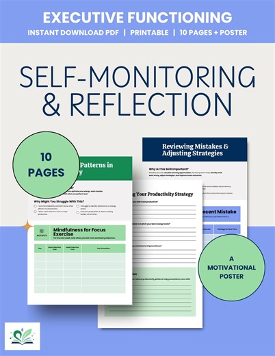 Executive Function Worksheets Self Monitoring and Reflection - Progress, Feedback, Making Mistakes, Self-compassion (digital Download) - Etsy