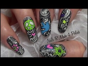 Love & Peace Hippie Graffiti Nail Art Design / Advanced Stamping Comic Nails