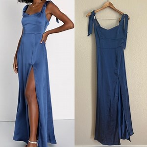Effortless Sophistication Navy Blue Satin Tie-Strap Maxi Dress