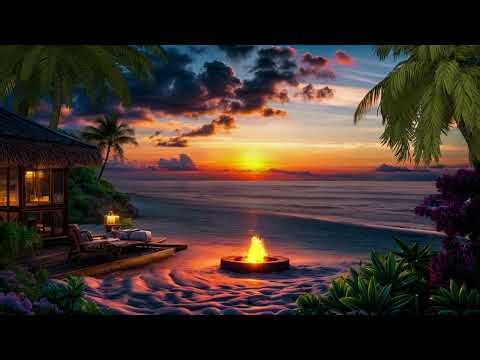 🌴🔥 Tropical Beach Sunset Campfire | Ocean Waves Ambience for Deep Sleep & Relaxation