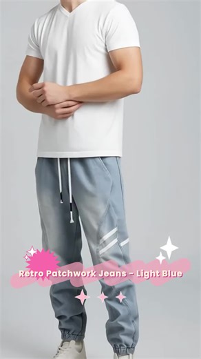 Badass & Versatile Patchwork Jeans, Light Blue Color, Harlan Silhouette Design, Elastic Cuffs Soft Denim Fabric, Iconic Vibe Style #judybluejeans #mensjeans #pacsunlowrisejeans #trouserjeans #judybluedenim #vintagejeans #rhinestonejeans #mensstylehack #girlsdenimjeans #bucklejeans