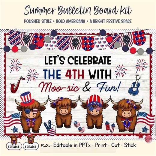 Patriotic Highland Cow 4th of July Bulletin Board