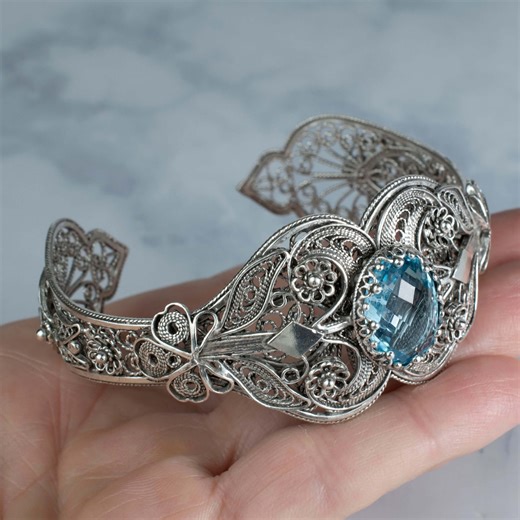 Silver Cuff Bracelet With Blue Topaz, Handmade Filigree Adjustable Jewelry - Etsy