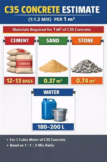 Concrete Material Estimate for C25, C30, C35 & C40 | Cement, Sand & Stone for 1 m³