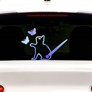 Lovely Cat & Butterfly Animal Decal Funny Cat Moving Tail Waving Sticker - Windshield & Rear Window Vinyl Decal for Car, Truck, Laptop & Wall (Rainbow Blue)