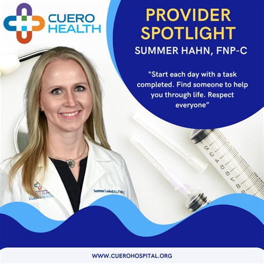 🌟 Provider Spotlight: Summer Hahn, FNP 🌟 Meet Summer Hahn, Family Nurse Practitioner and proud Port Lavaca native who has been caring for families in DeWitt County for more than 14 years. Summer is passionate about building lasting relationships with her patients and helping them achieve their best health through personalized, compassionate care. She is currently pursuing her Doctor of Nursing Practice degree at Texas A&M University, continuing her lifelong commitment to learning and clinical 