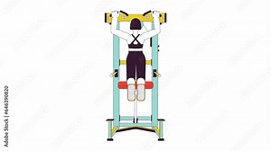 Woman pulling up on pullup machine line cartoon animation. Building strong upper body 4K video motion graphic. Gym girl improving strength 2D linear animated character isolated on white background
