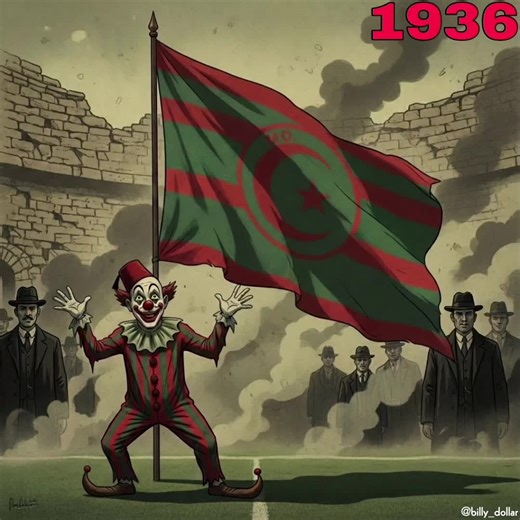 Scénario (interprétation de l’idée) Année : 1936 Le temps des débuts… le temps de l’« origine ». Au centre de la scène apparaît un clown : Il porte des couleurs rouge et vert, des couleurs étrangères, un mélange sans identité. Sur sa tête, un fez rouge (Tarbouche) incliné, symbole d’une imitation aveugle. Son visage est peint d’un sourire forcé, mais ses yeux trahissent l’inquiétude et la peur. Le clown représente le rival (la JSM Béjaïa) : Imitation. Farce. Sans racines. Il tente de voler la gl