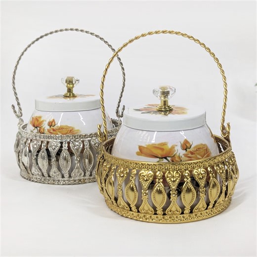 Set of 2 Metal Storage Jars With Basket Holder, Floral Decorative Kitchen Canister Set - Etsy